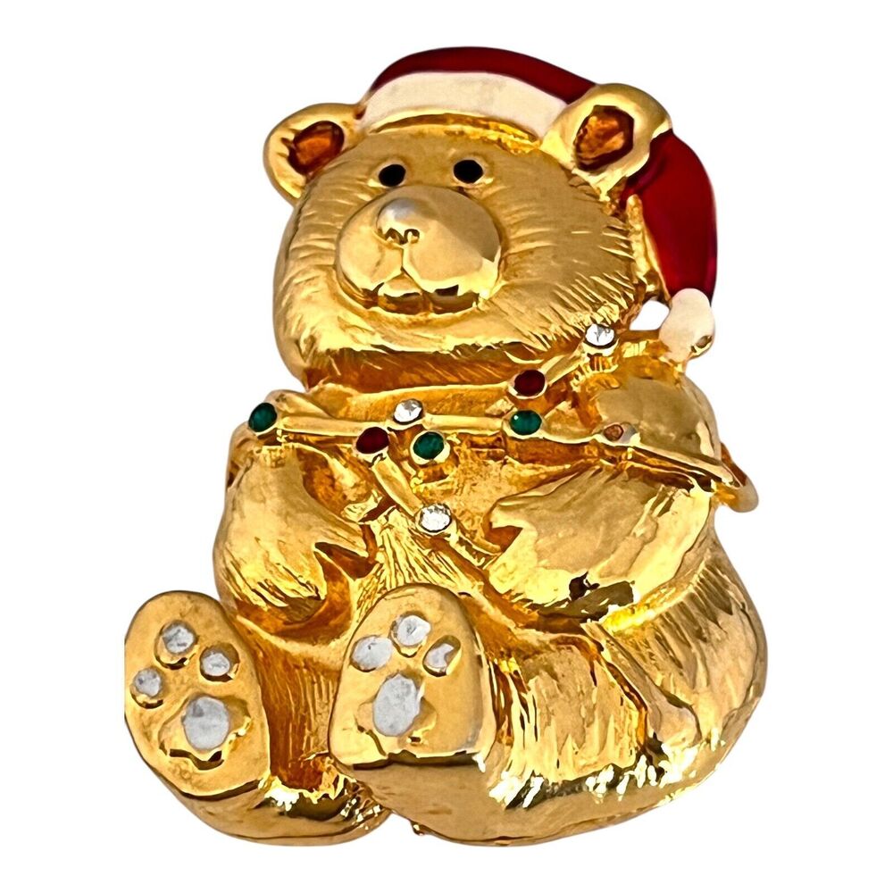 Vintage 1980s Teddy Bear Santa Brooch Enamel Crystal Gold Tone - 11T